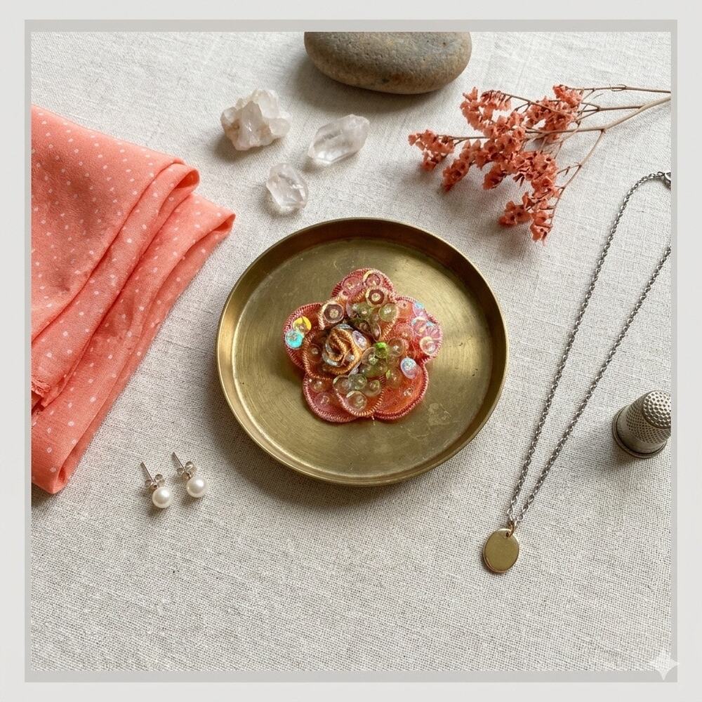 Vintage Coral Sequin Floral Brooch